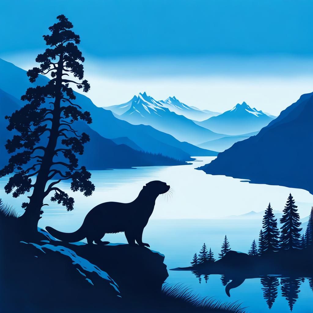 Blue Otter Silhouettes in Mountainscape, Acrylic Style