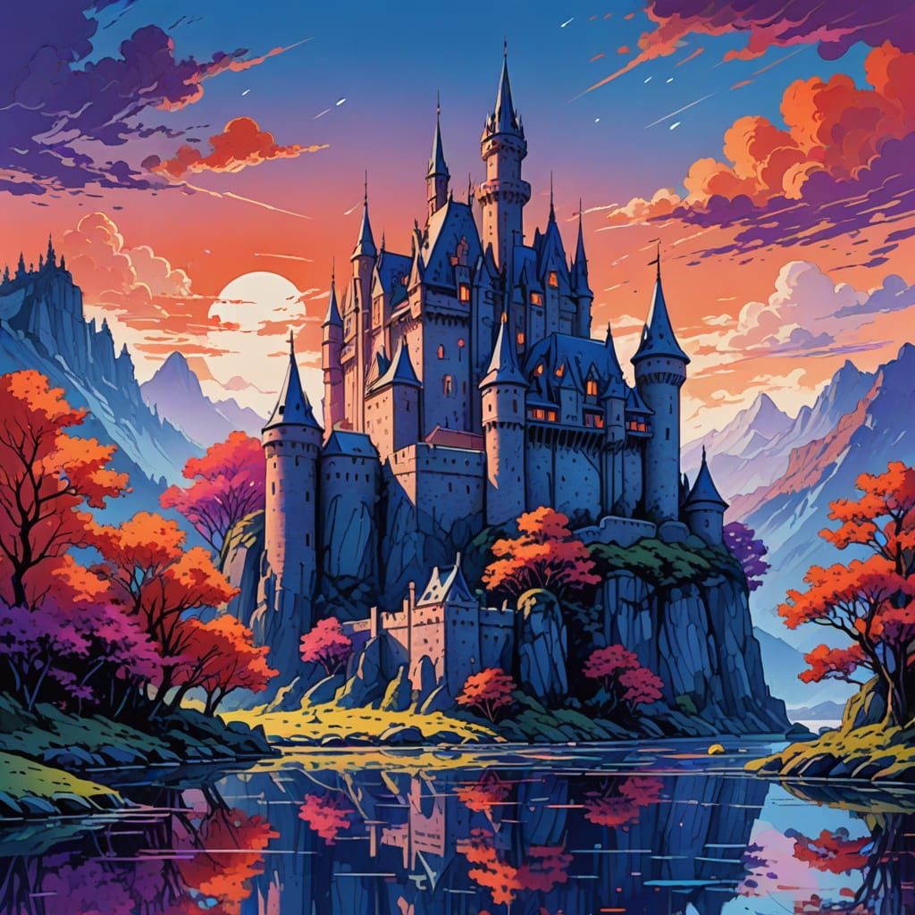 Vibrant Castle: Digital Concept Art in Impressionistic Style