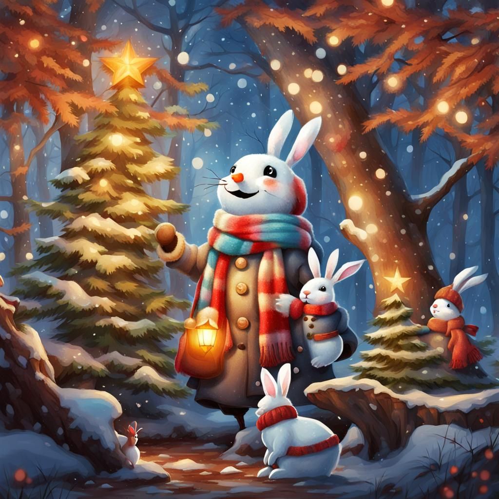 Snowman and Rabbits in Winter Woods