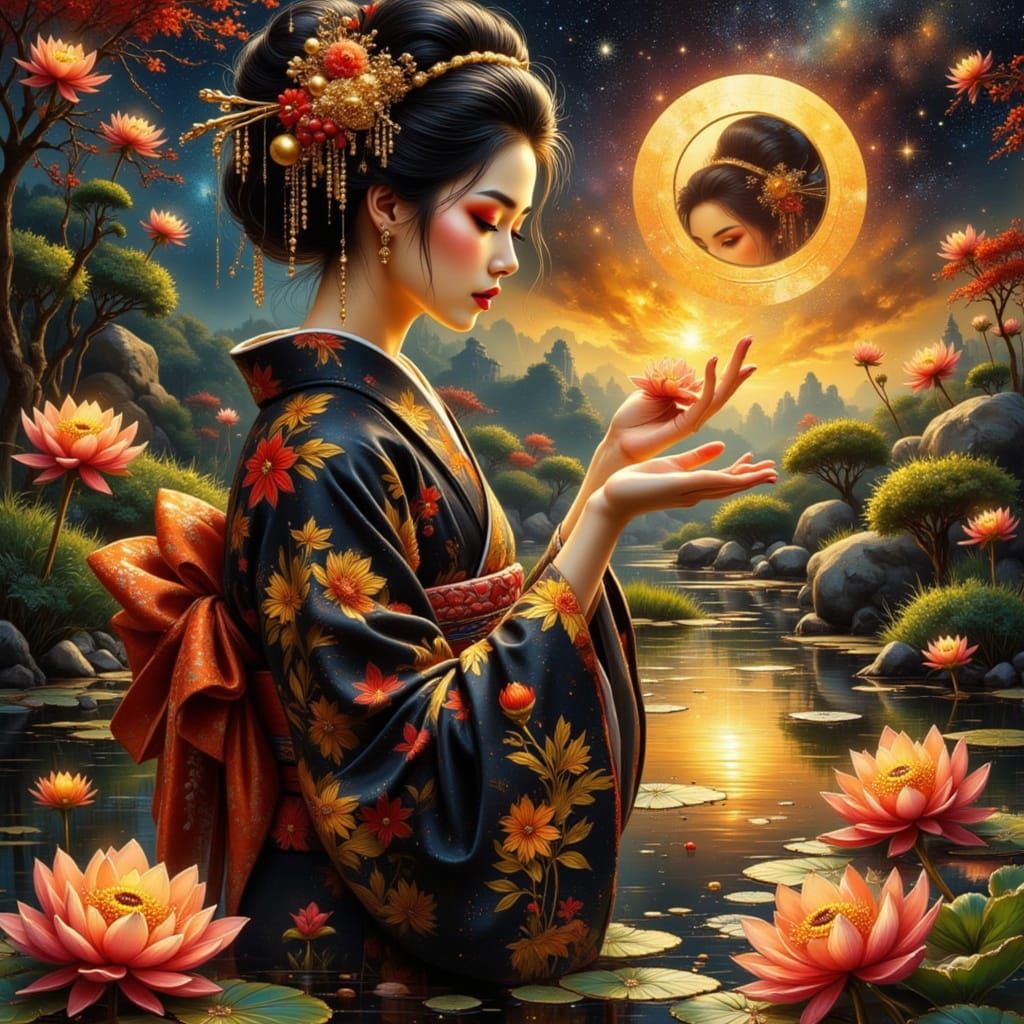 Geisha Reflecting in Lotus Pond: Surreal Art