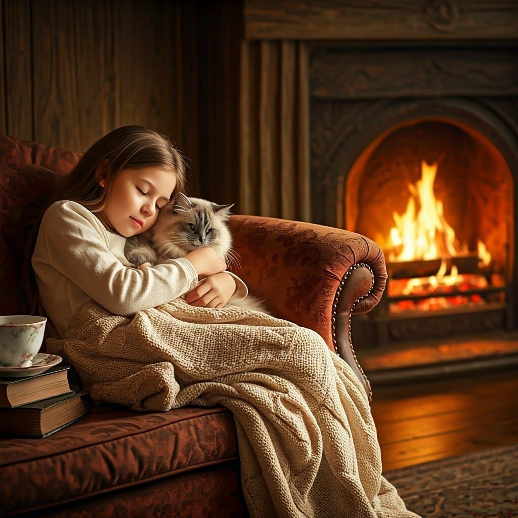 Cozy Girl and Cat by Firelight