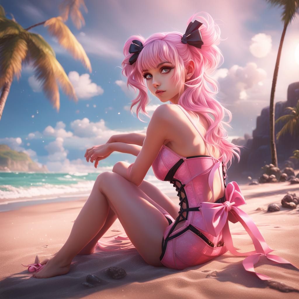 Anime Girl in Pink Swimsuit on Beach