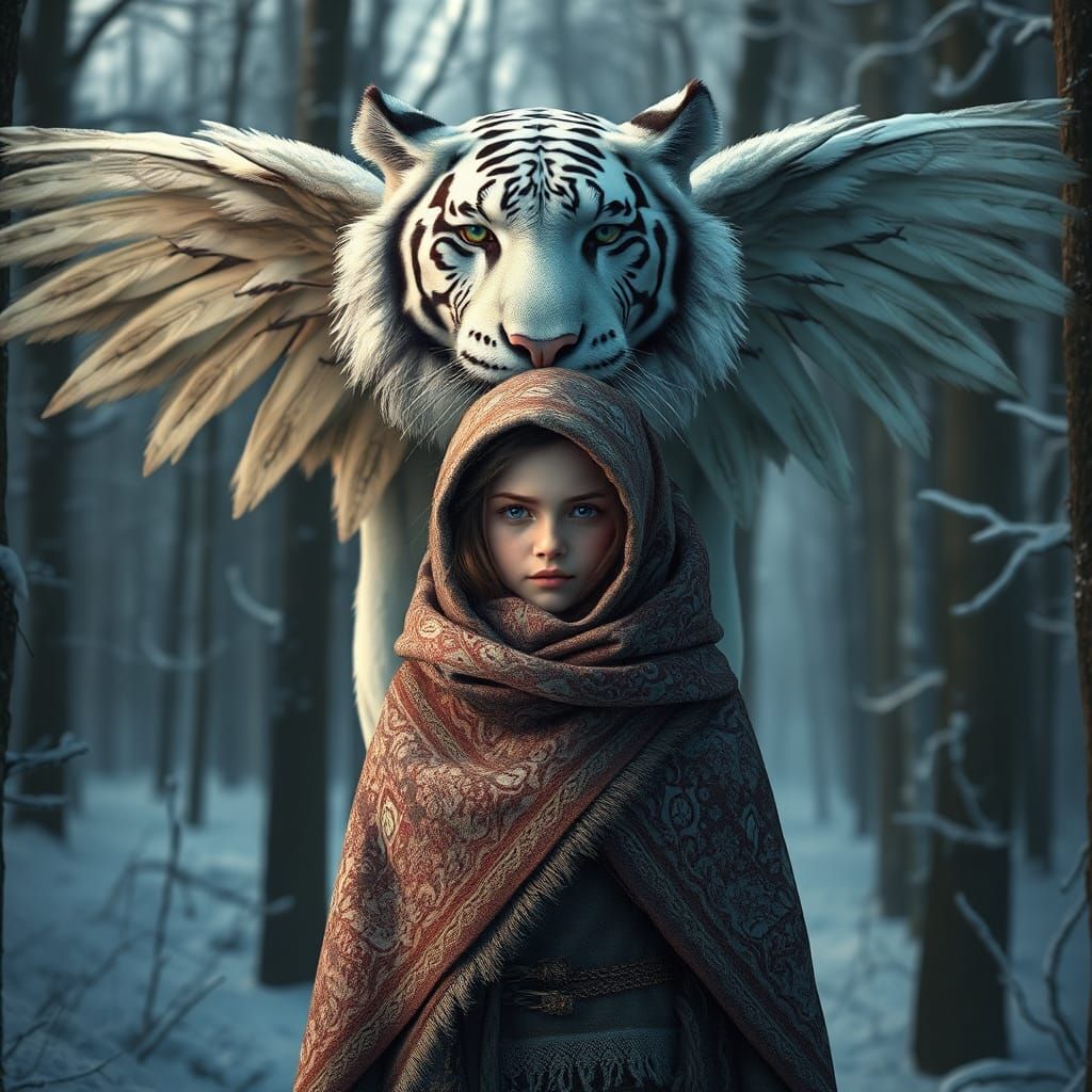 Girl Protected by Mythical Tiger in Snowy Forest