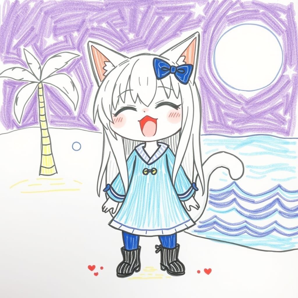 Cute Anime Catgirl Crayon Drawing on Beach