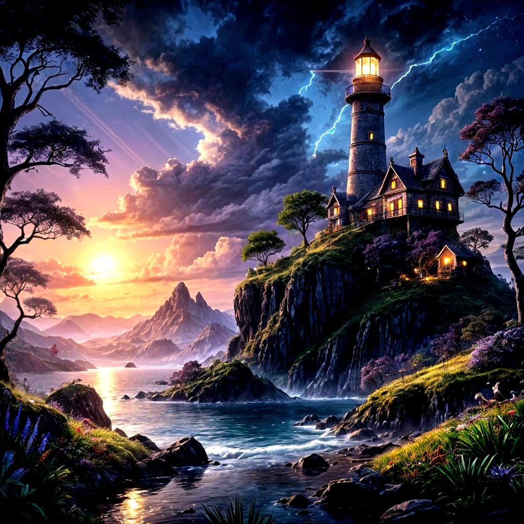 Mystical Crystal Lighthouse Fantasy Landscape at Sunset