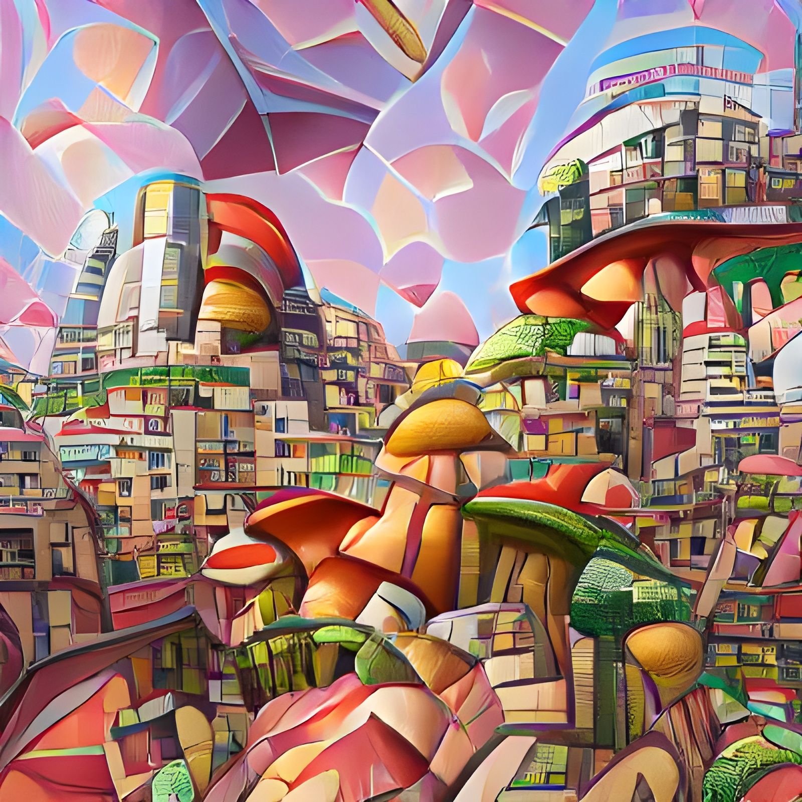 Surreal Mushroom Cityscape with Dragonflies in Cubist Style