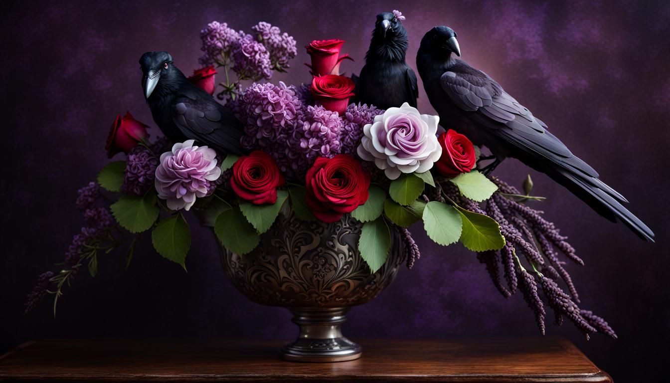 Gothic Still Life: Flowers, Raven, and Ram Skull