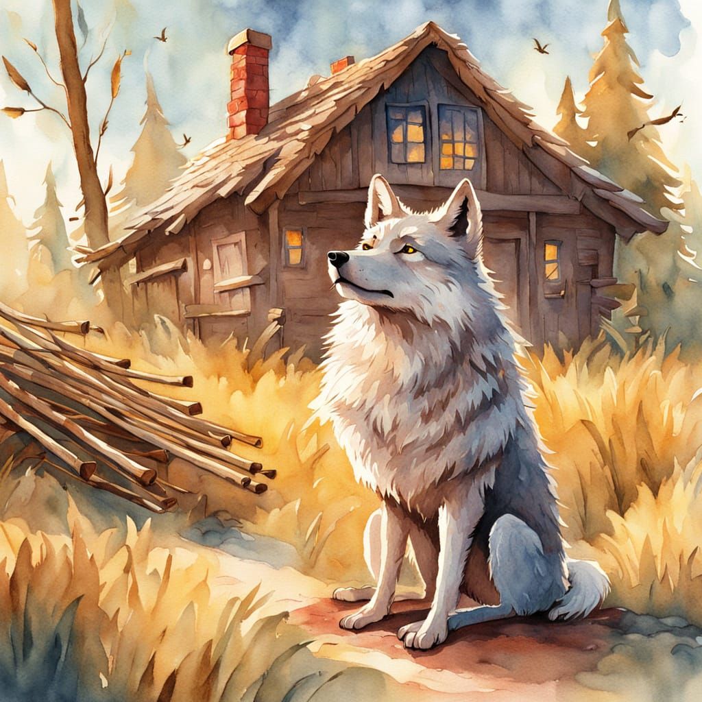 Big Bad Wolf at Stick House, Watercolor Illustration