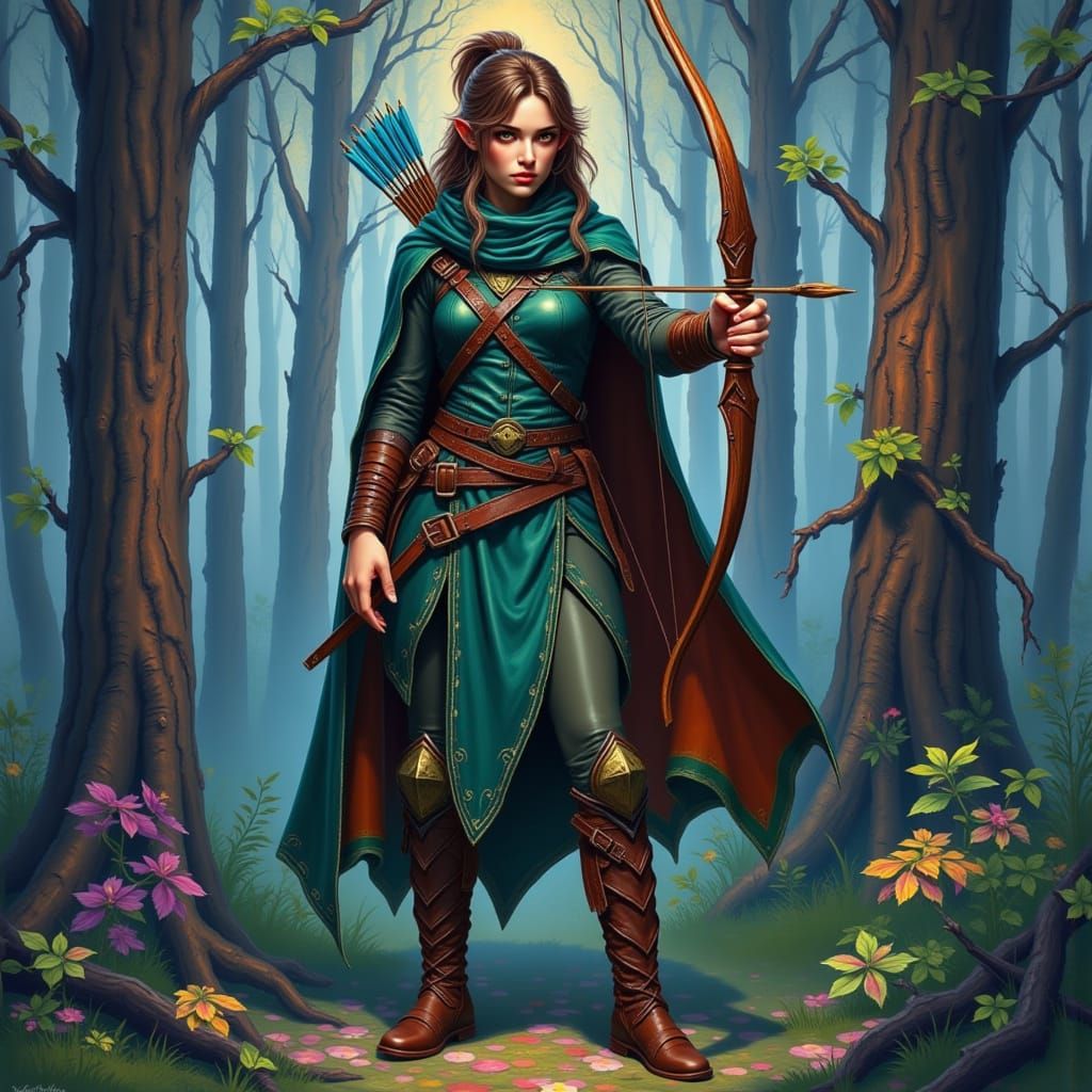 Female Archer in Mystical Forest: Digital Acrylic Painting