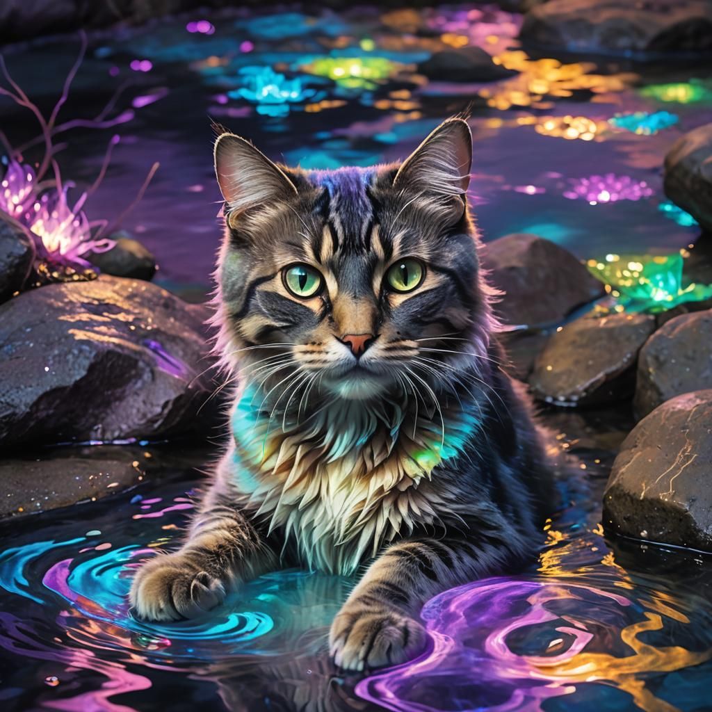Bio-Illuminist Cat in Iridescent Pool, Fantasy Concept Art