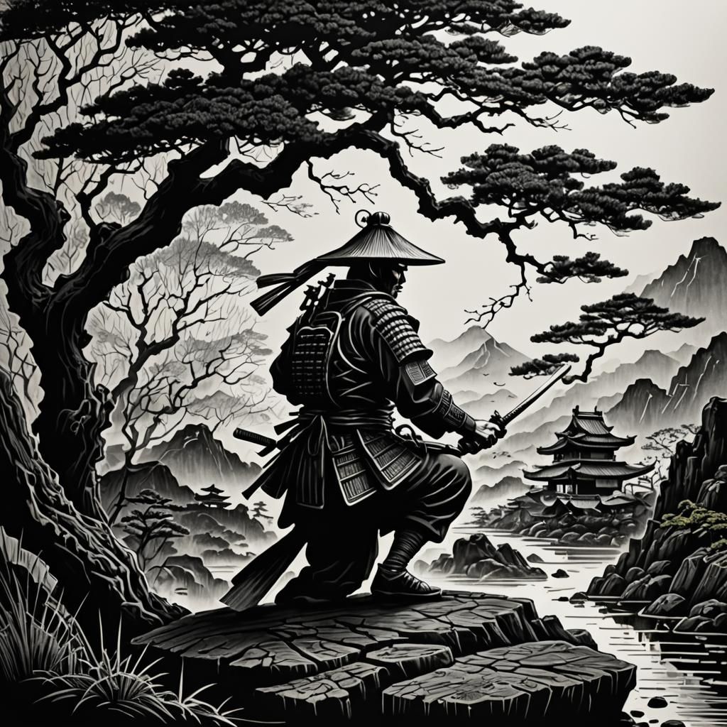 Monochrome Scratchboard Samurai with Bonsai Tree