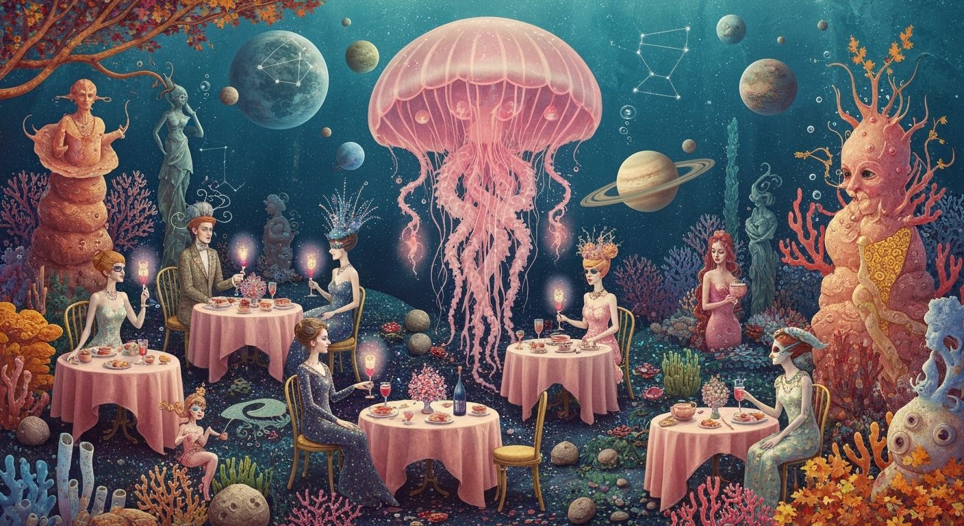 Celestial Tea Party in Bioluminescent Jellyfish, Surreal Art