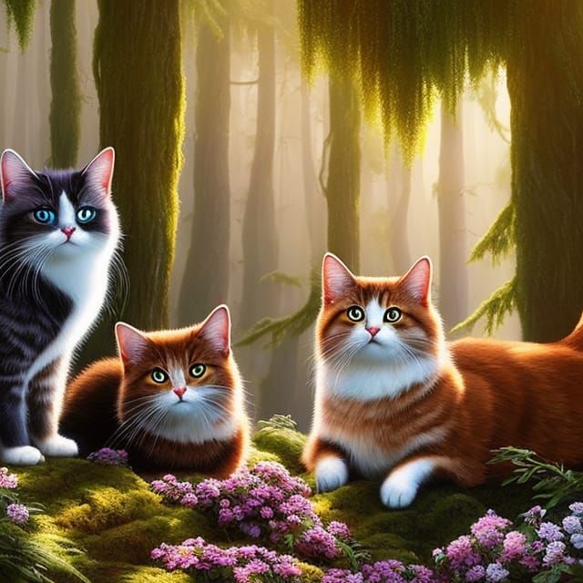 Whimsical Cats Playing in Enchanted Forest Painting