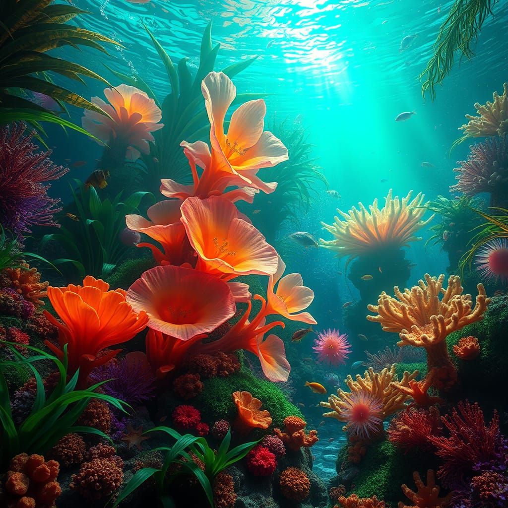 Luminous Underwater Coral Forest with Bioluminescent Flora