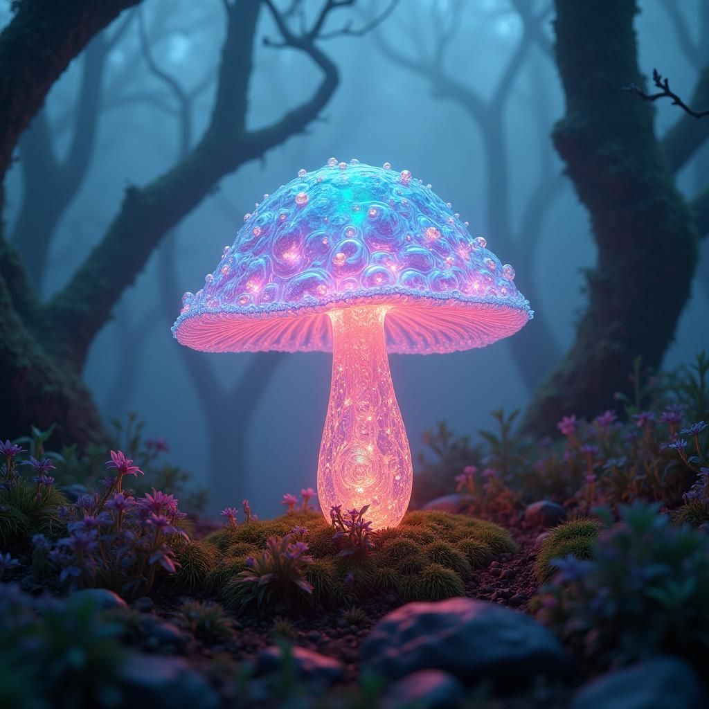 Luminescent Glass Mushroom in Dreamlike Landscape
