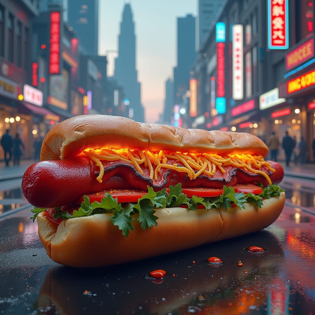 Futuristic Hot Dog Sandwich in Metropolis