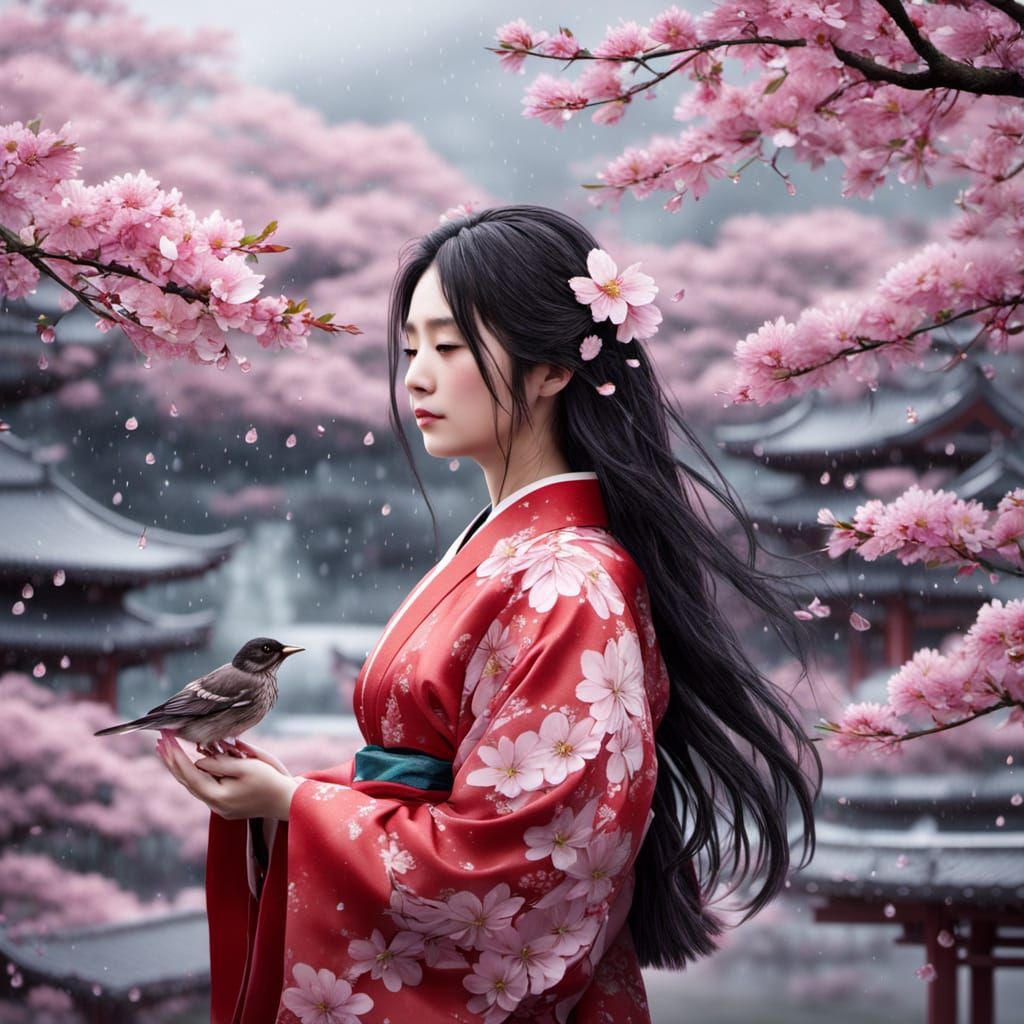 Woman in Red Kimono Under Cherry Blossoms in Gentle Rain