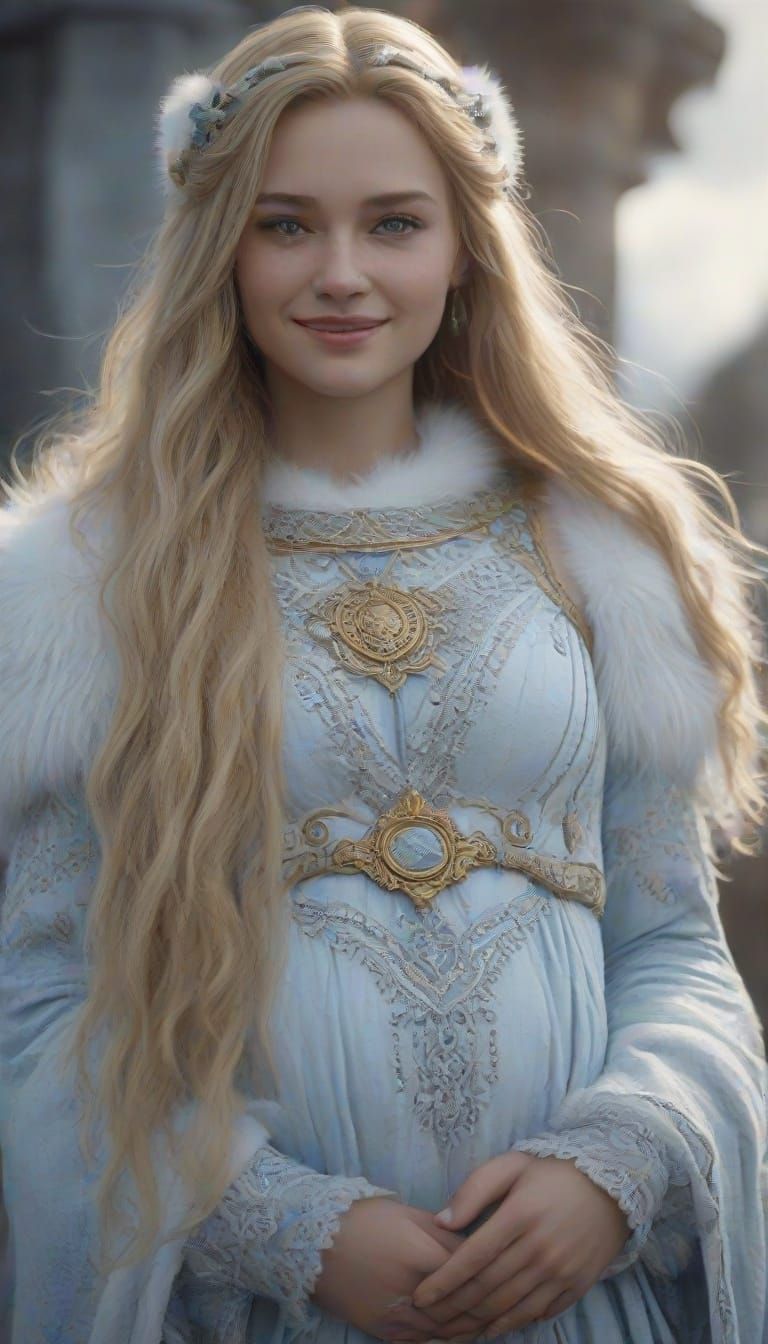 Norse Goddess Freya Smiles in Whimsical Asgardian Landscape