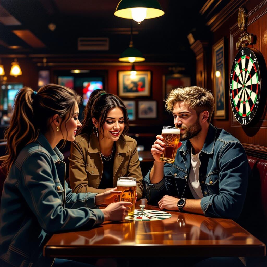 Friends Playing Darts in Hyperrealistic Style