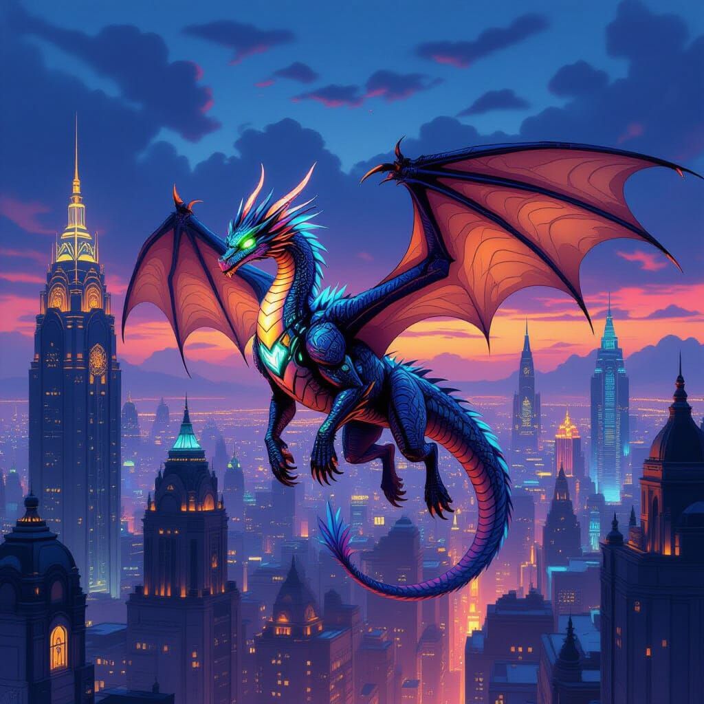 Cybernetic Dragon Soars Over Art Deco Cityscape