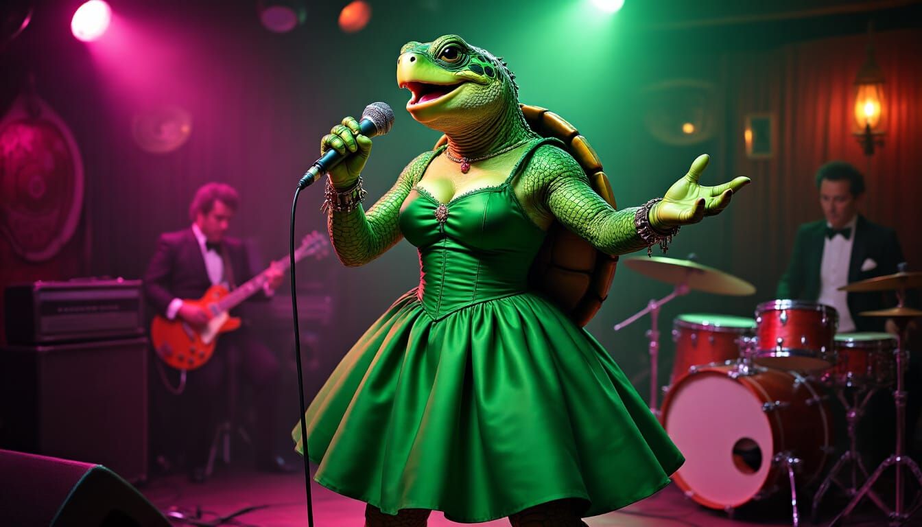 Anthropomorphic Turtle Singer in Surreal Punk Rock Art