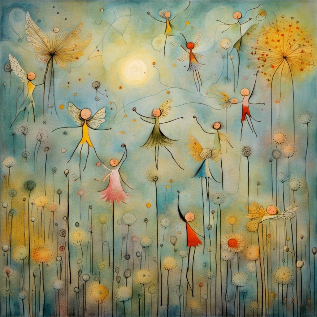 Winged Fairies in Dandelion Dreamscape, Abstract Art