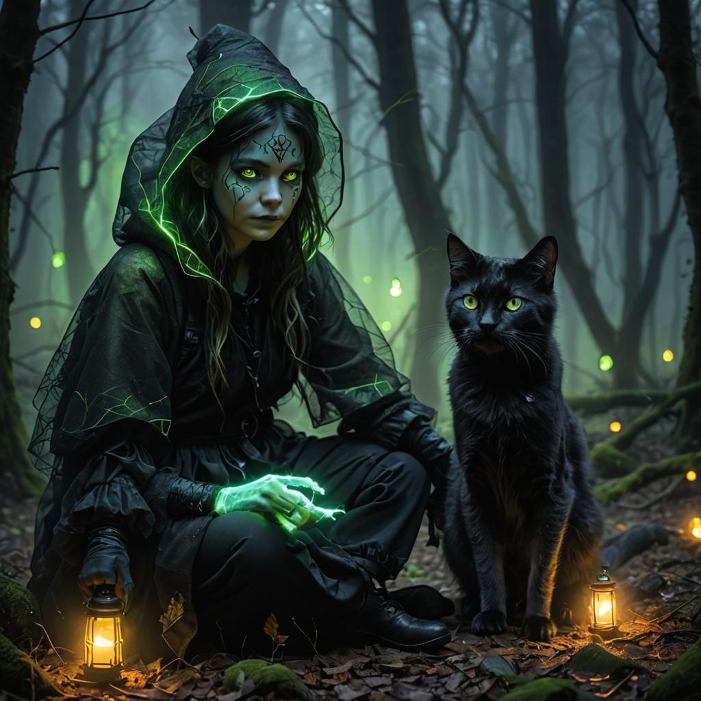 Young Witch in Forest with Ghosts and Cat