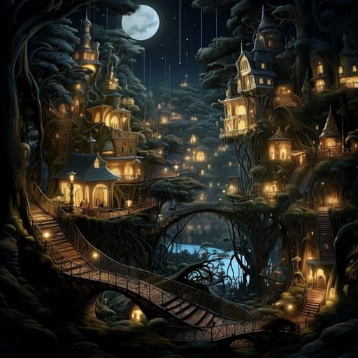 Surreal Fairytale Town in Forest at Night