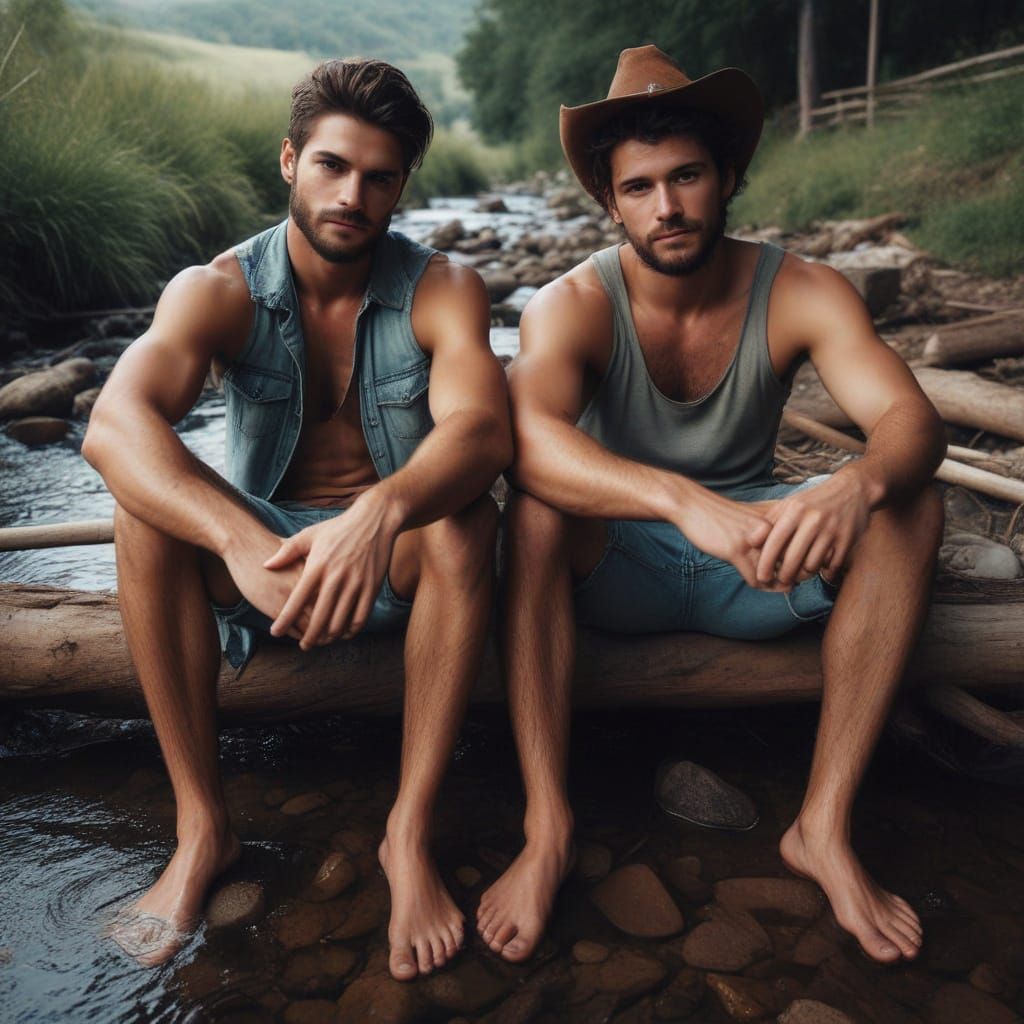Two Cowboys Relax by a Serene Stream in a Panoramic Landscap...
