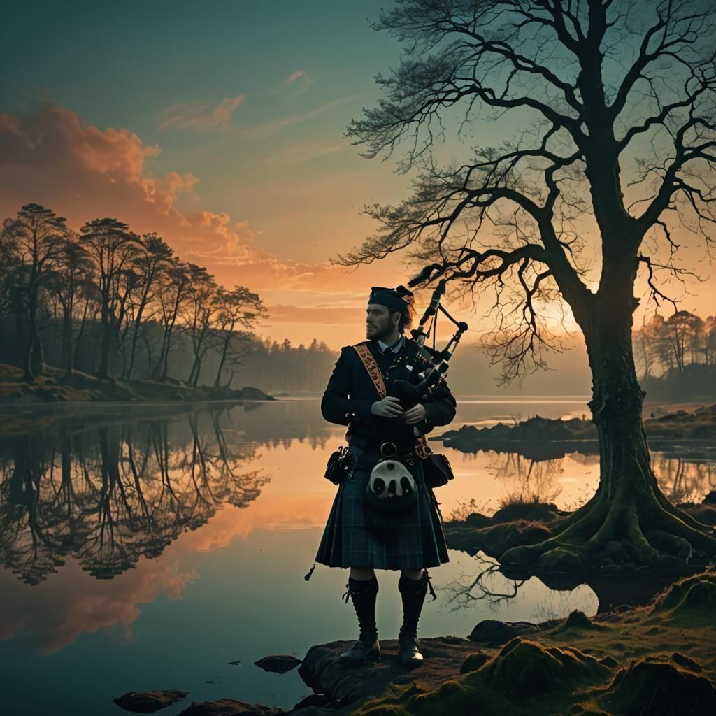 Irish Piper on Dark Lake in Double Exposure