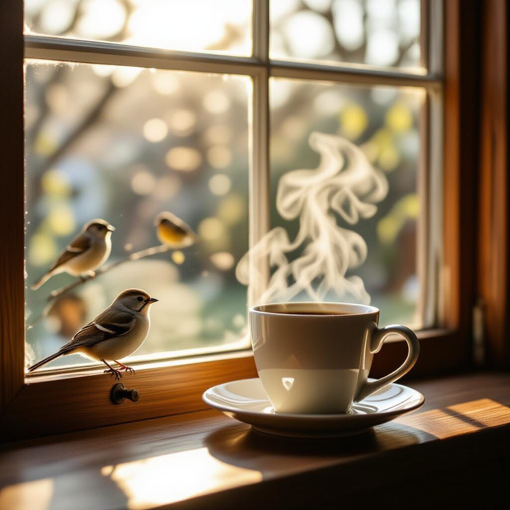Steaming Coffee and Birds: Realistic Morning Window Photo