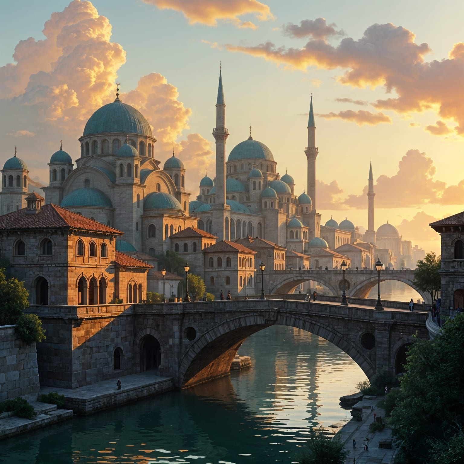City of Domes Over River at Dusk