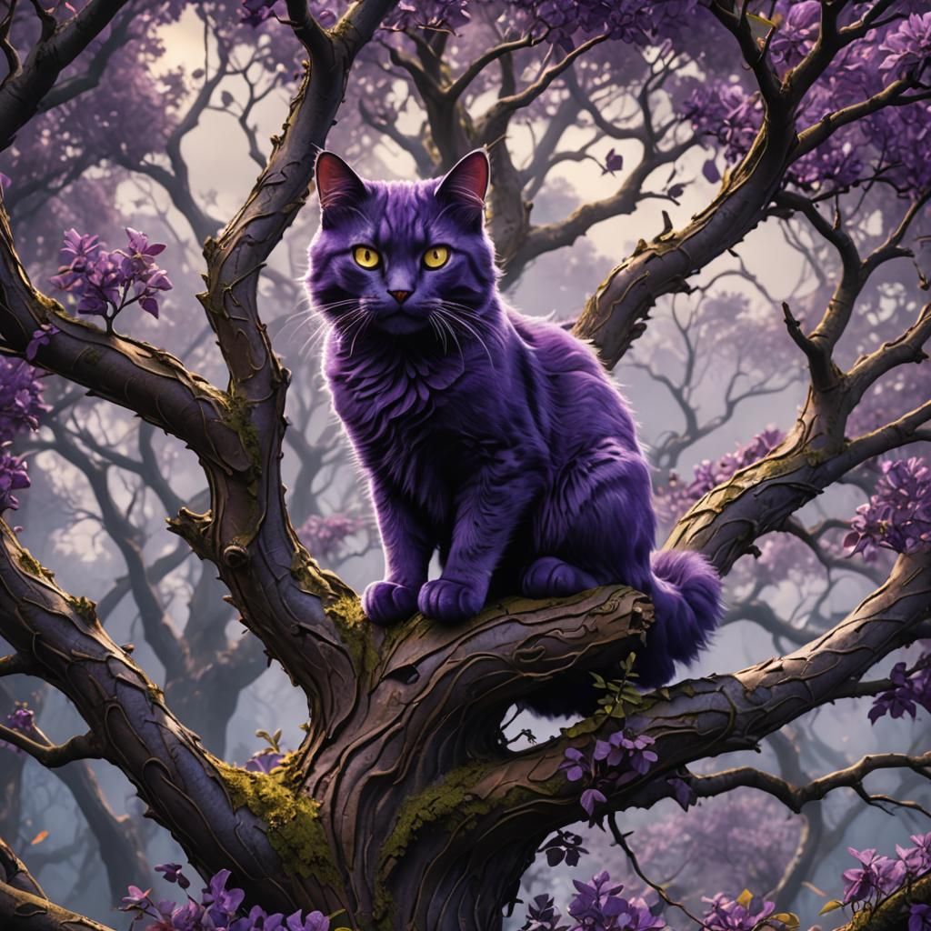 Purple Cat in Tree: Detailed Matte Painting