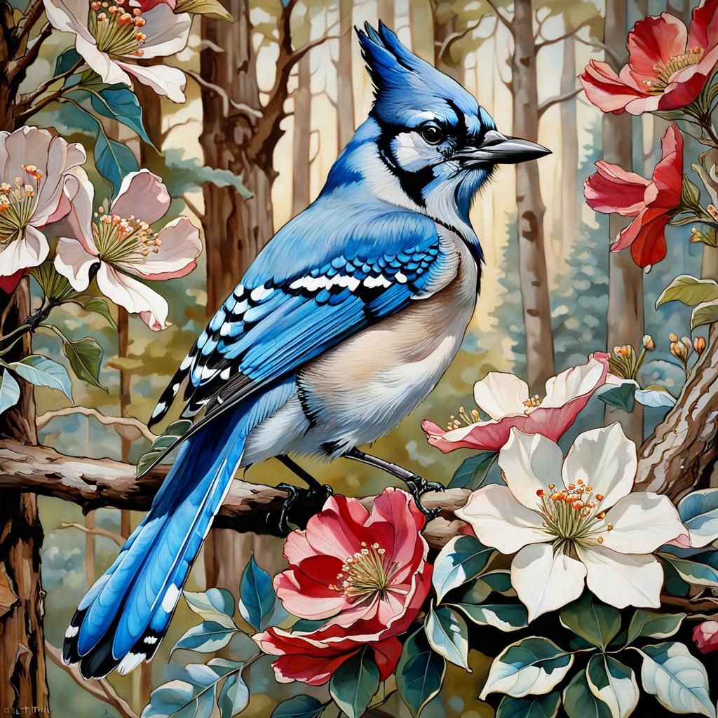 Fantastical Blue Jay in Forest, Alcohol Ink Realism