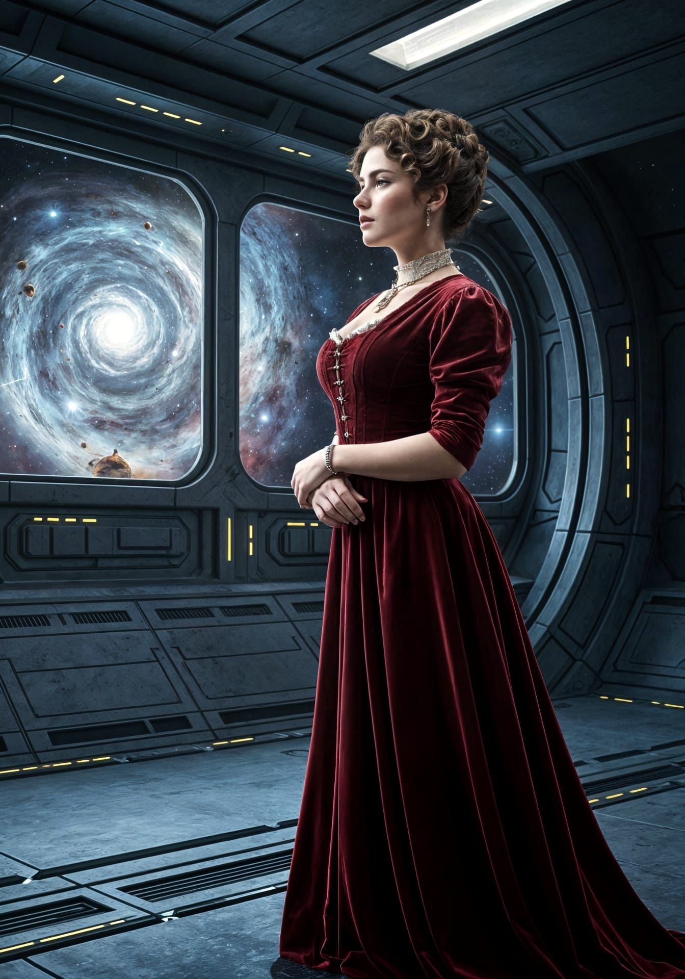Victorian Woman Gazing at Nebula in Space Station