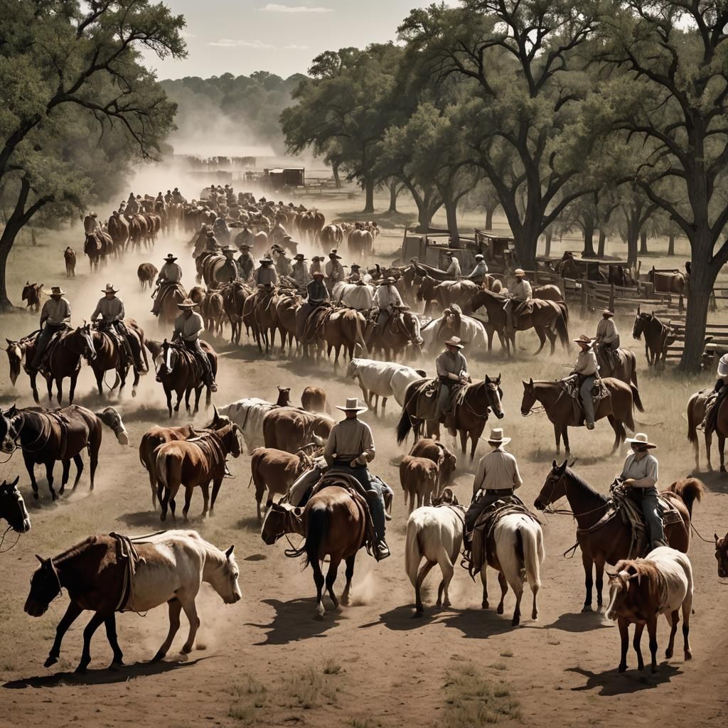 A panoramic of an East Texas old west cattle drive, cowboys,...