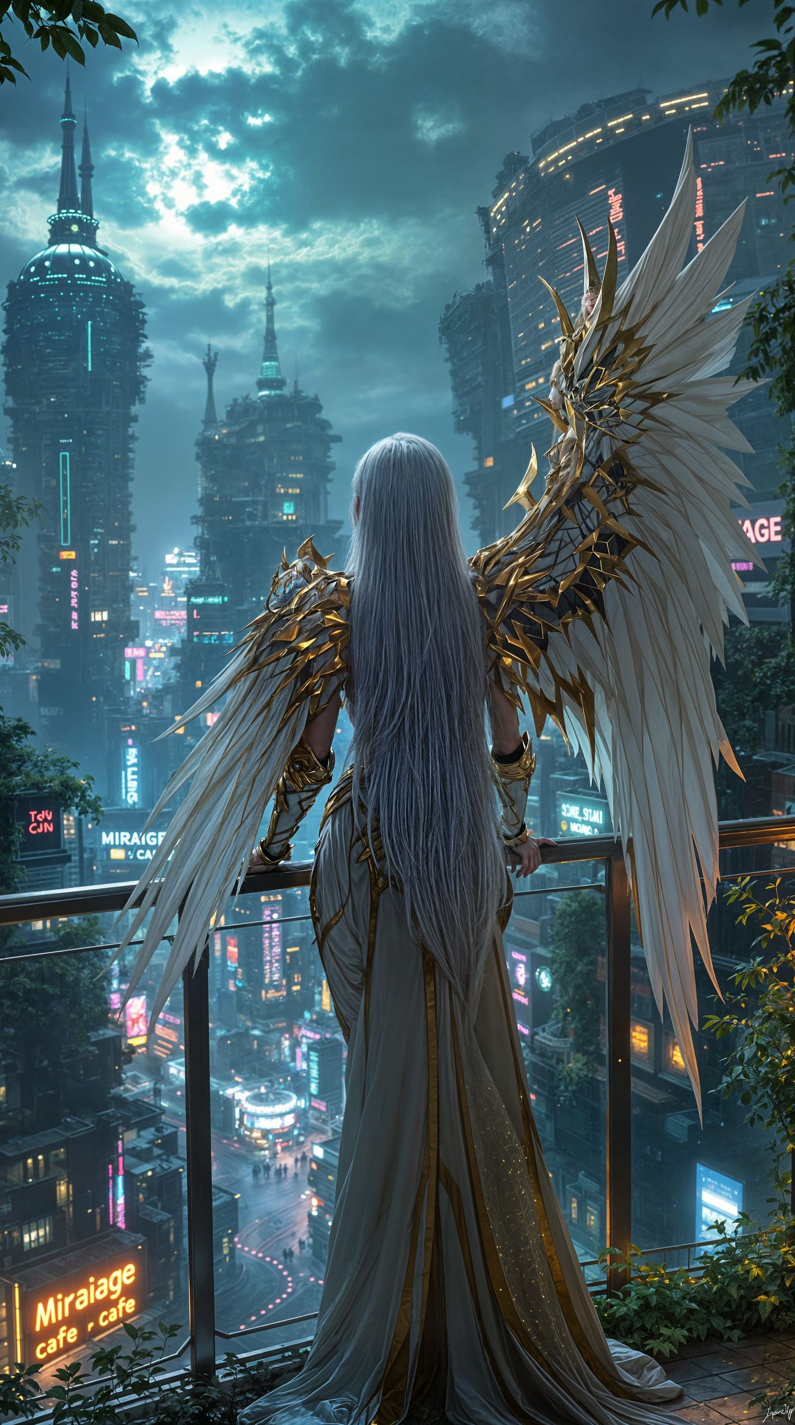Cyberpunk Angel Overlooks Dystopian Cityscape