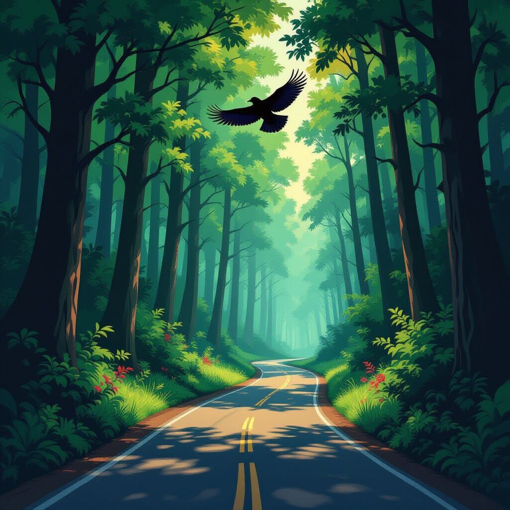 Winding Road Through Forest in Dark Spirit Animal Style