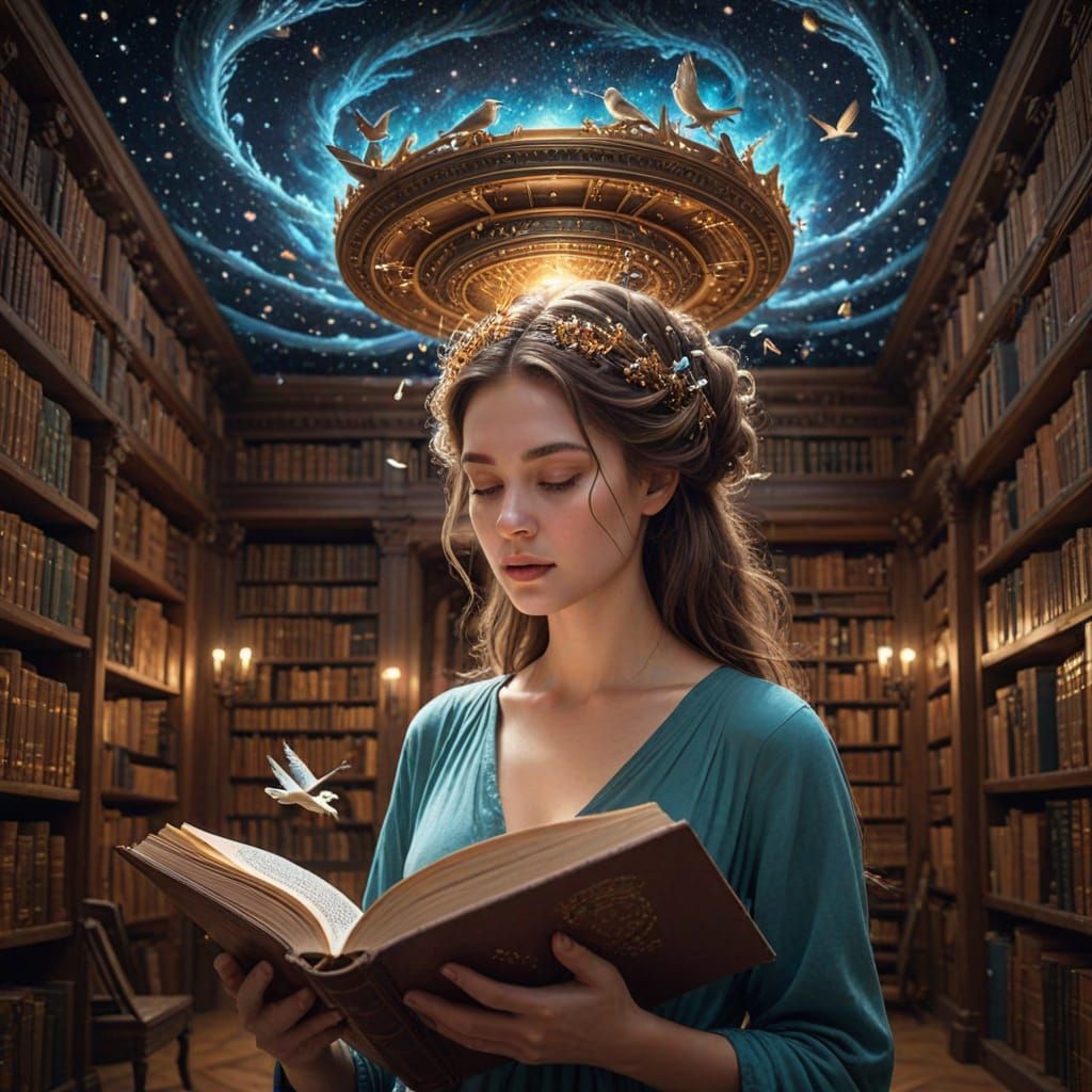 Surreal Library with Impossible Architecture and Glowing Boo...