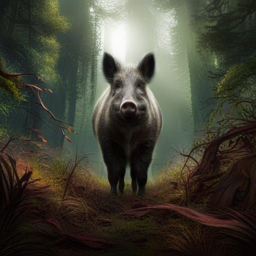 Wild Boar in Forest Clearing: Matte Painting
