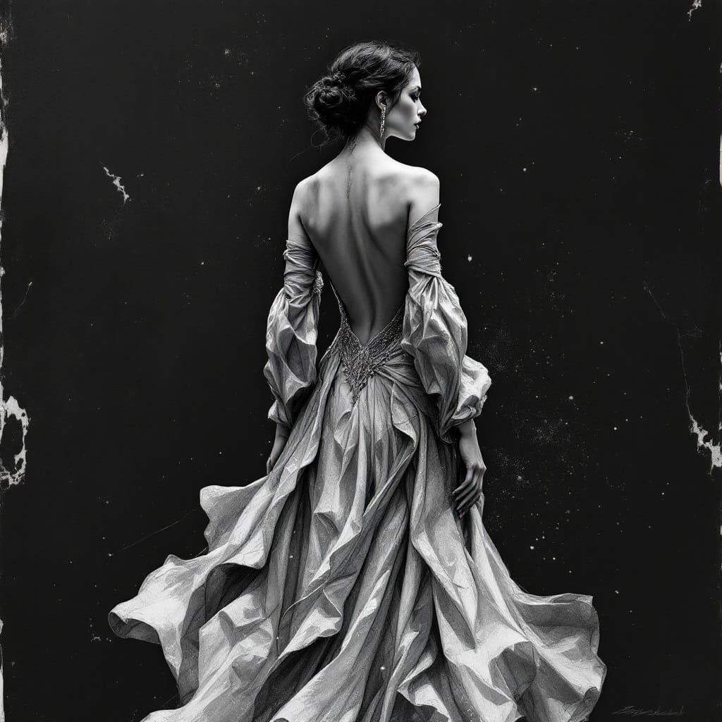 Elegant Woman in Silver Gown: Charcoal Sketch Art