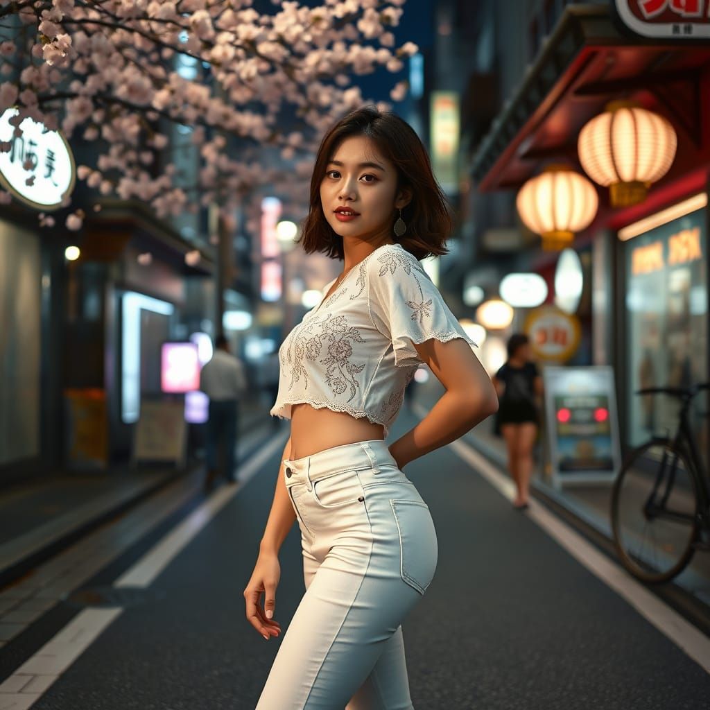 Elegant Woman in Neon Tokyo Street at Night