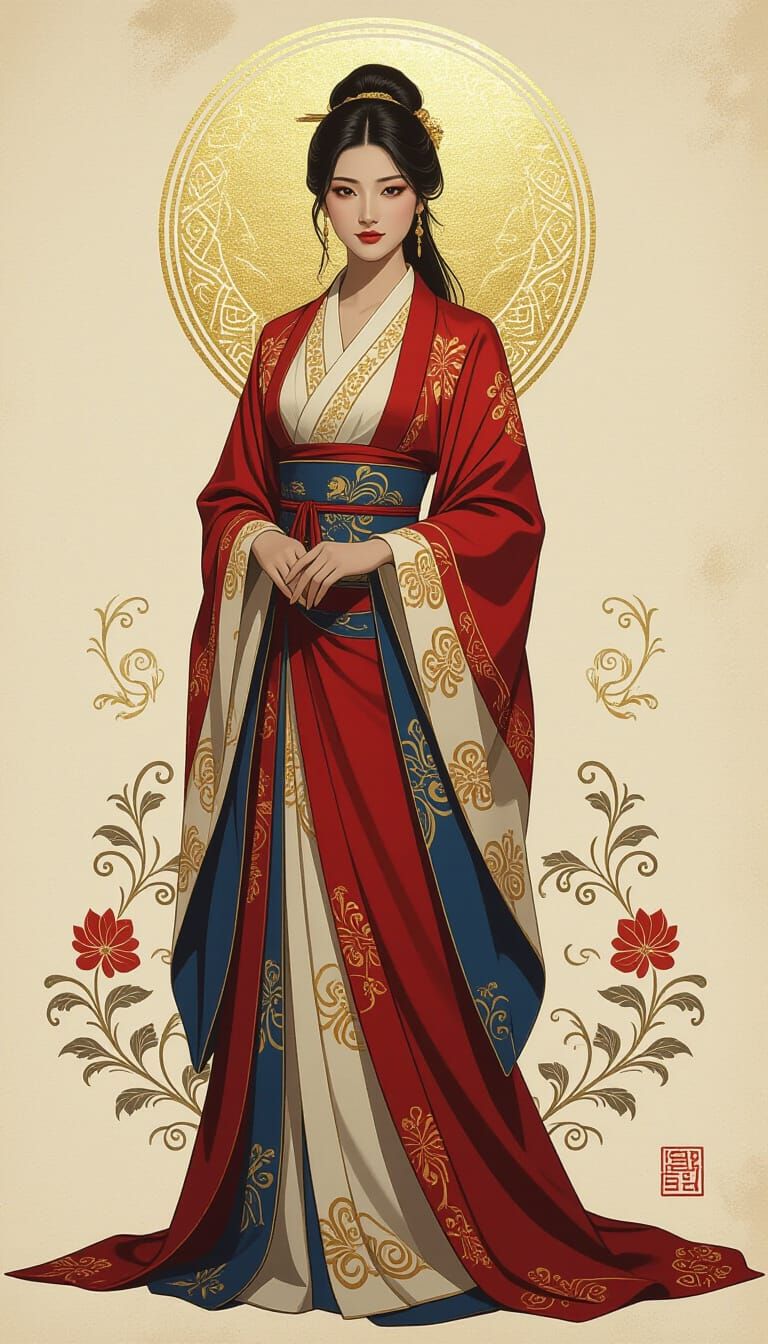 Ethereal Asian Woman in Flowing Robe, Painterly Style