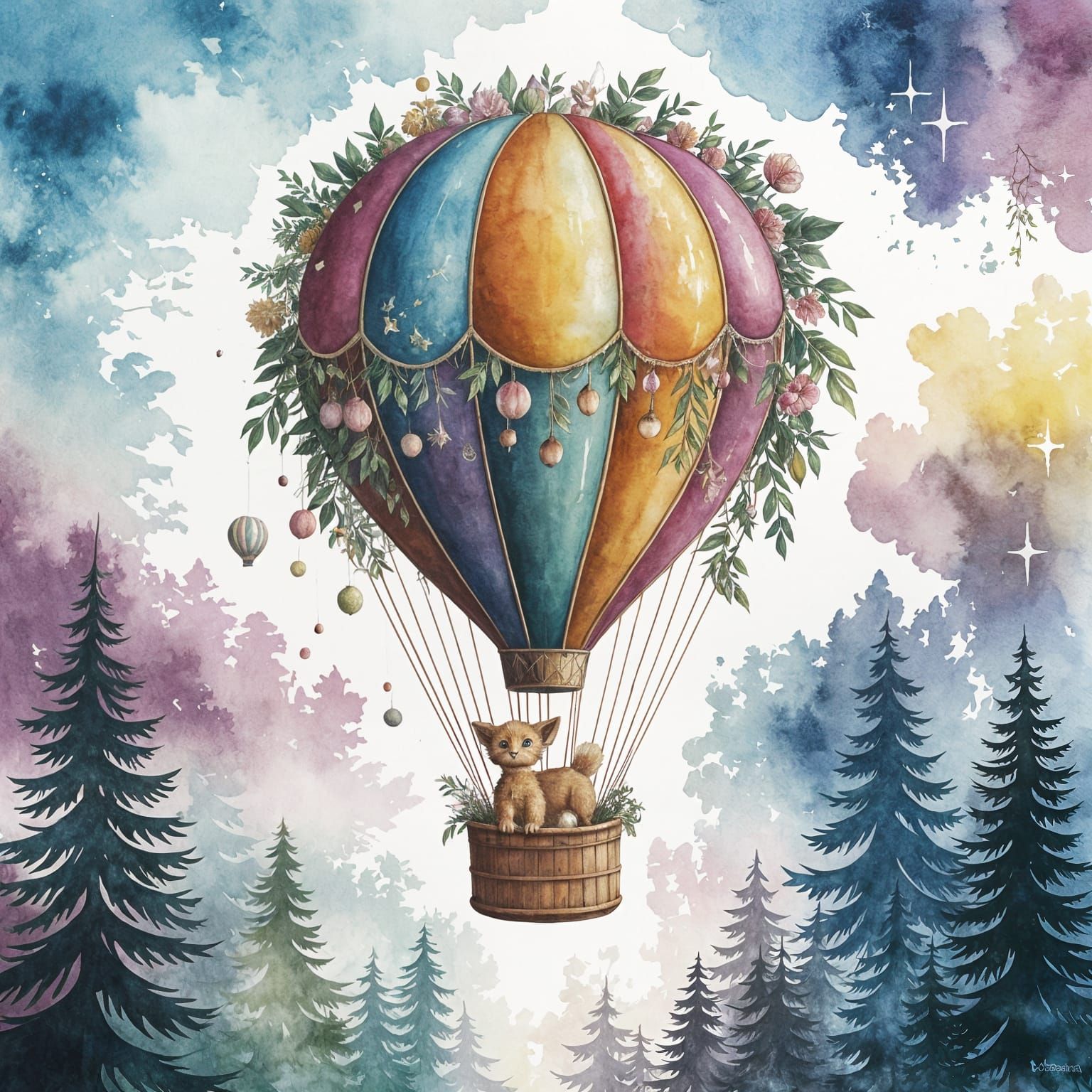 Woodland Creature Soaring in Watercolor Hot Air Balloon