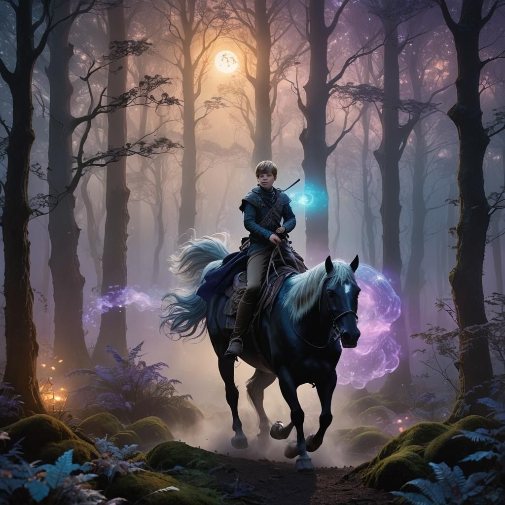 Boy on Stallion in Misty Moonlit Forest