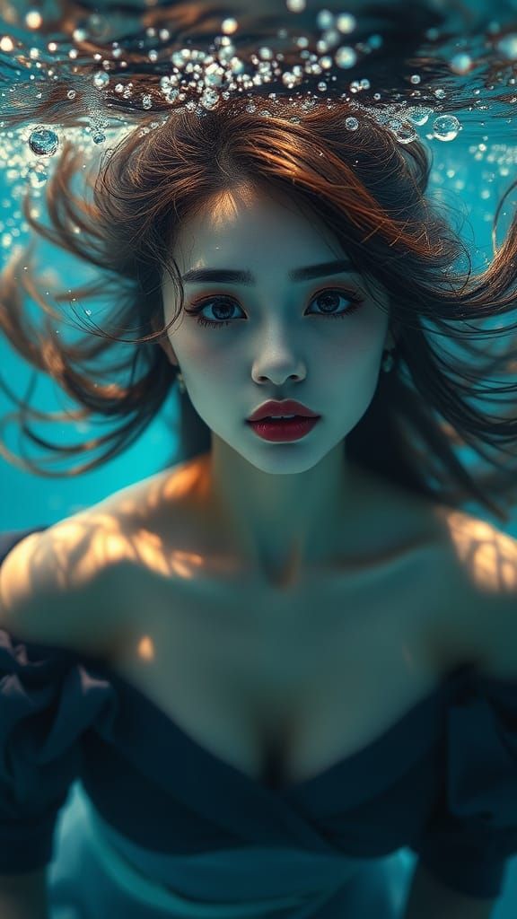 Ethereal Woman Submerged in Aqua Glow: Anime Style