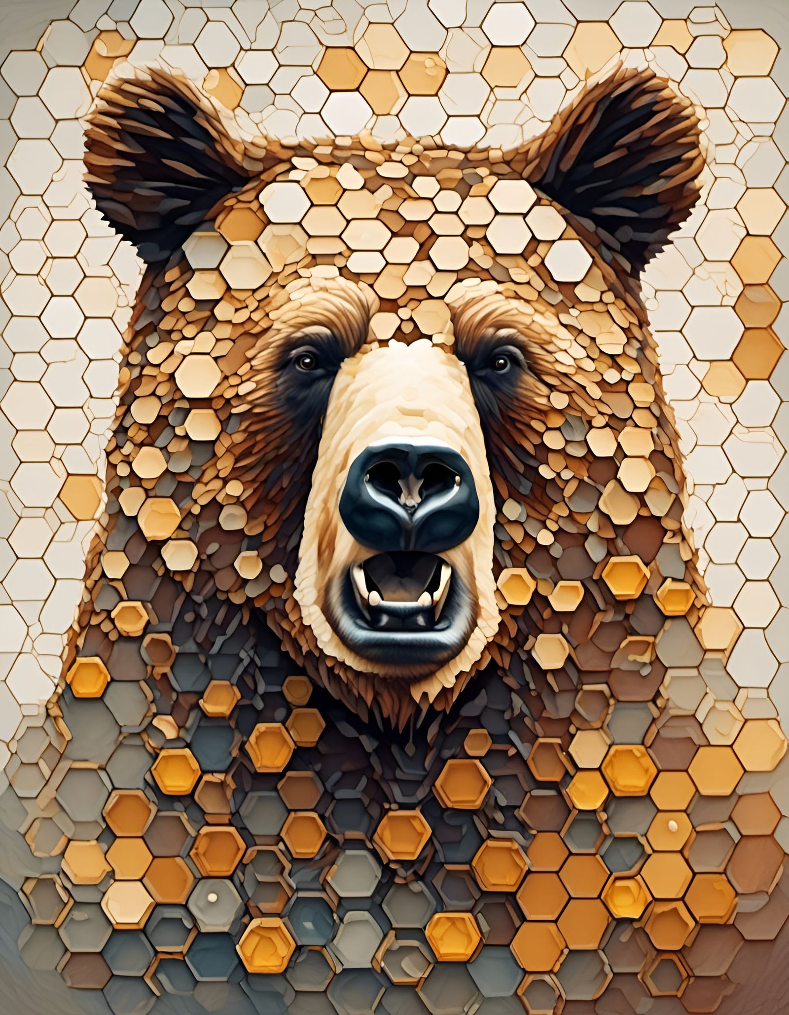Bear Portrait with Honey and Bees in Double Exposure
