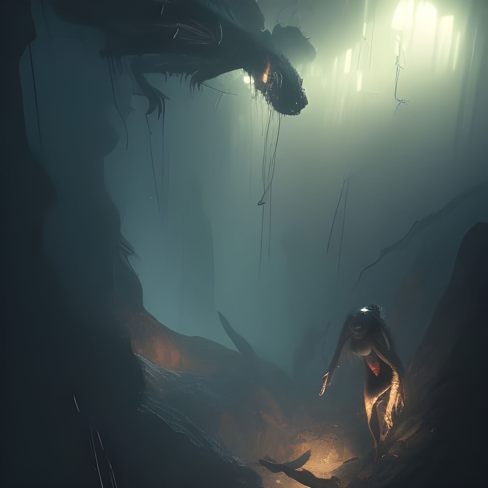 Vampire Bat and Terrified Spelunker, Dark Fantasy Art