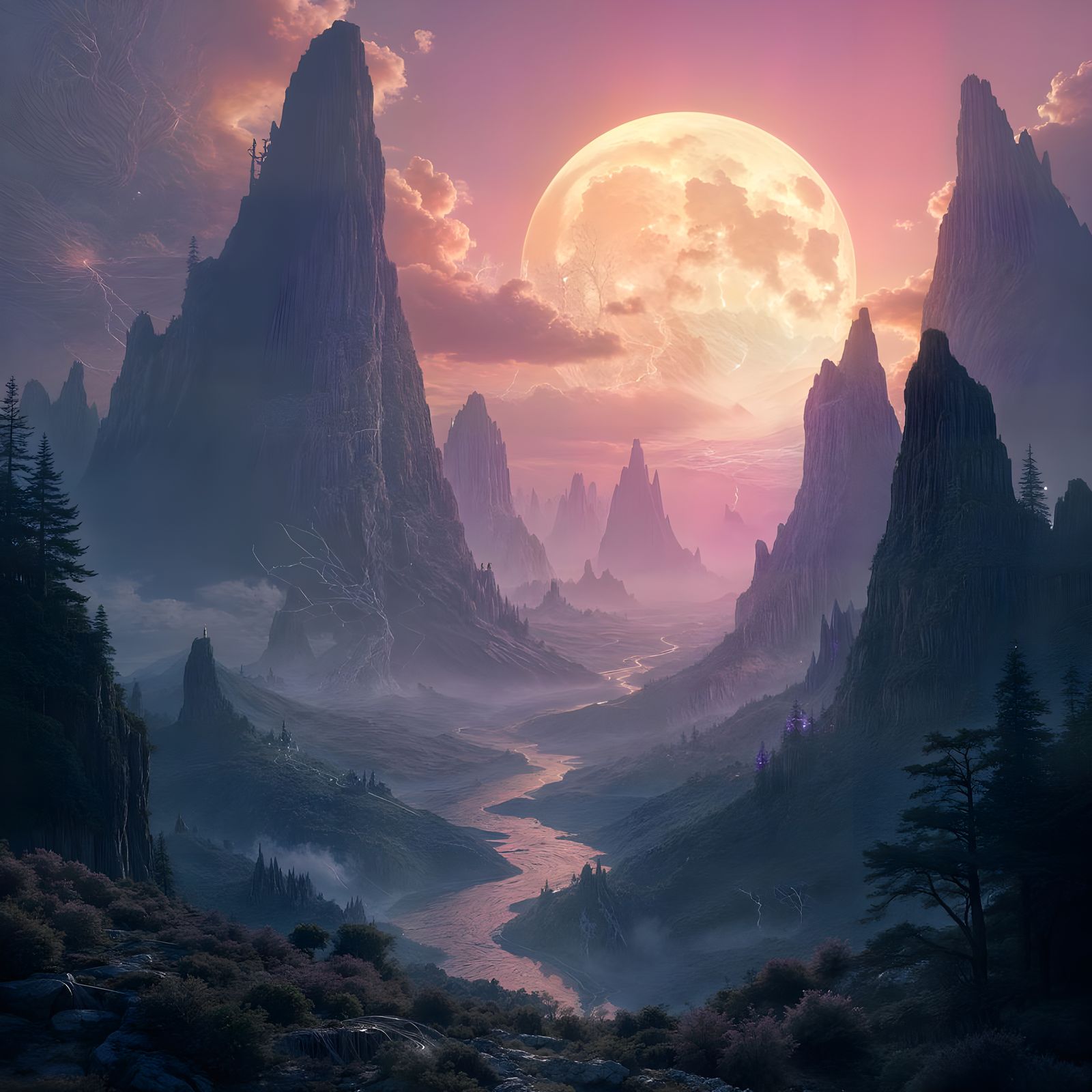 Surreal Landscape of Looming Mountains and Woven Light