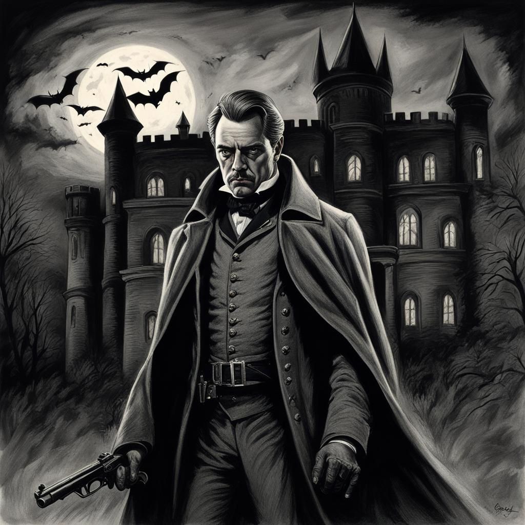 Confederate Vampire in Castle: Hyperdetailed Charcoal Drawin...